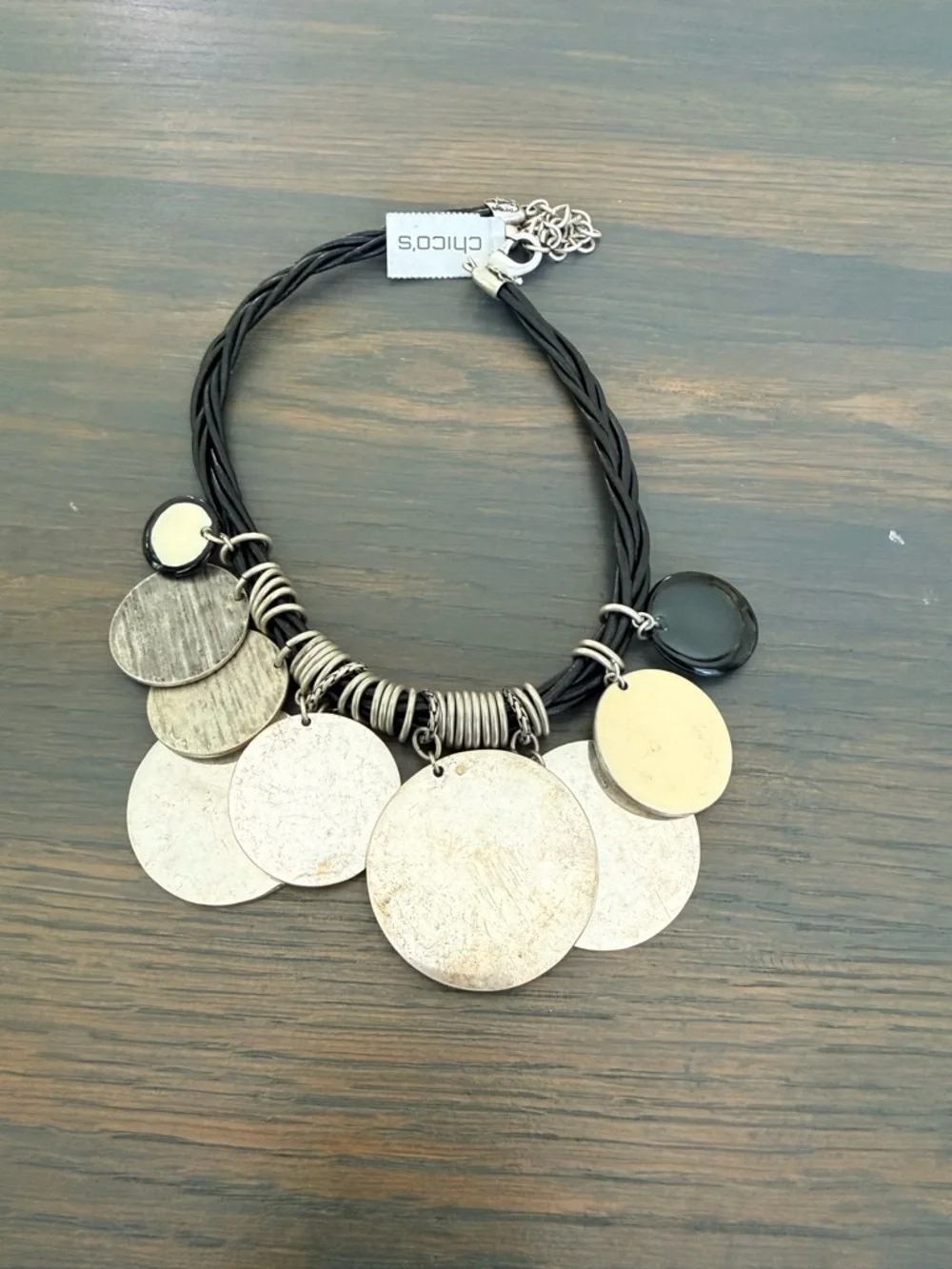 Chico’s Statement Disc Necklace Mixed Metal Black Cord NWT